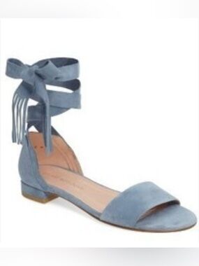 Stuart Weitzman Light Blue Suede Ankle Tie Sandals with Fringe
